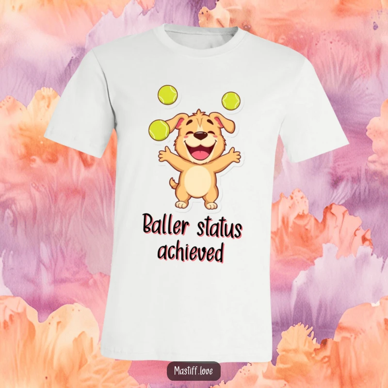 Funny t-shirt depicting a very happy mastiff actively juggling three tennis balls with extreme joy.
