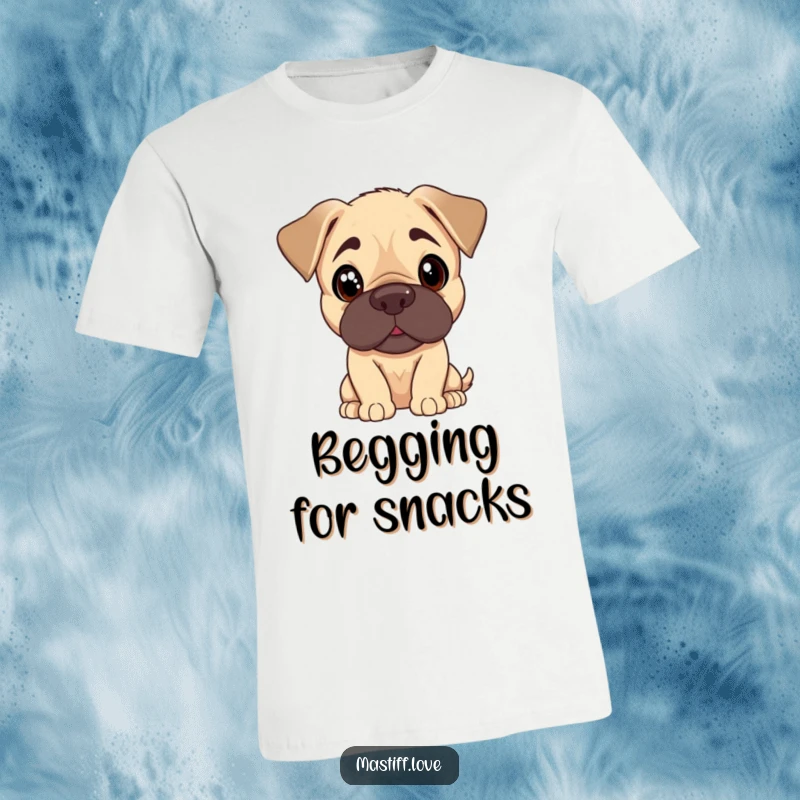 Funny Mastiff puppy t-shirt depicting a cute dog tilting its head with curious, pleading eyes, embodying adorable innocence.