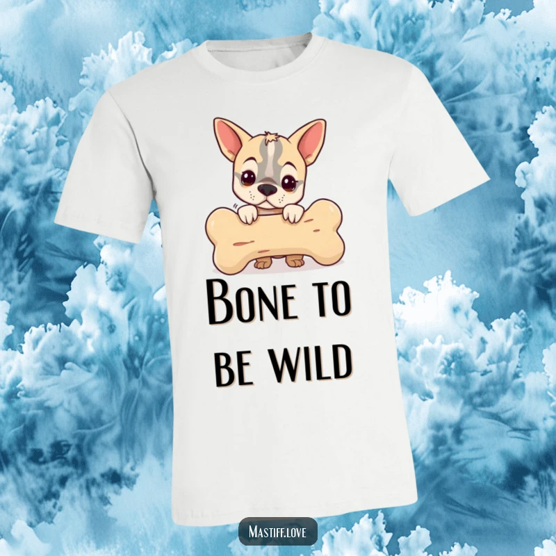 Funny t-shirt with a small mastiff peeking from behind a giant bone, showcasing adorable mischief and humor for a great gift.