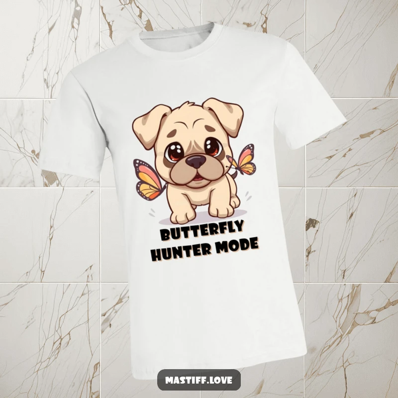 Kawaii Mastiff T-Shirt shows a cute dog with innocent eyes chasing a butterfly, perfect for dog lovers.