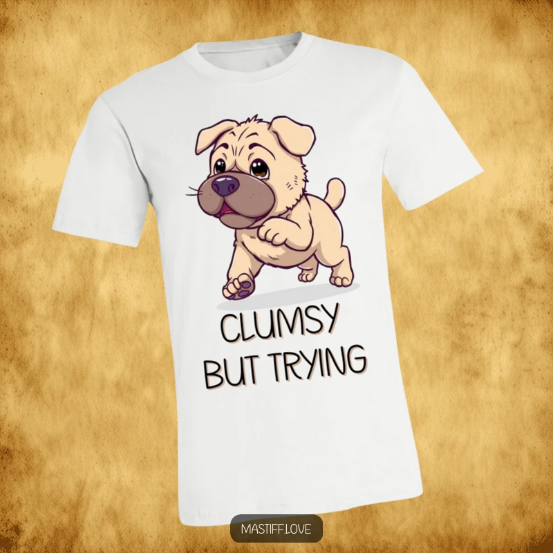 Clumsy Kawaii Mastiff T-Shirt with a cute dog endearingly trying to hop, showcasing adorable awkwardness.