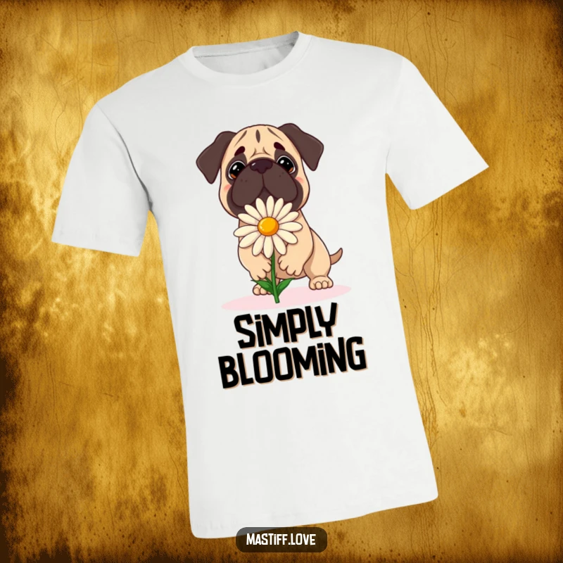 Funny Mastiff T-Shirt: A dog attempts to balance a large daisy with a focused expression, embodying gentle effort.