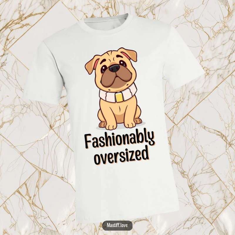 Funny Mastiff T-Shirt: A dog looks endearingly clumsy in an oversized collar, perfect for lovers of big, goofy breeds.