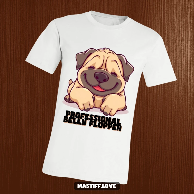 Funny Mastiff T-Shirt: A joyful, giggling mastiff mid-roll, legs up, inviting belly rubs, showcasing pure doggy delight.