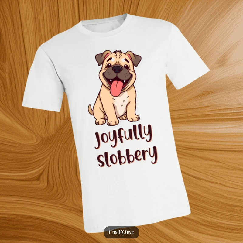 Funny happy mastiff, tongue lolling out, panting with cartoonish joy, comfortable t-shirt, ideal funny gift.
