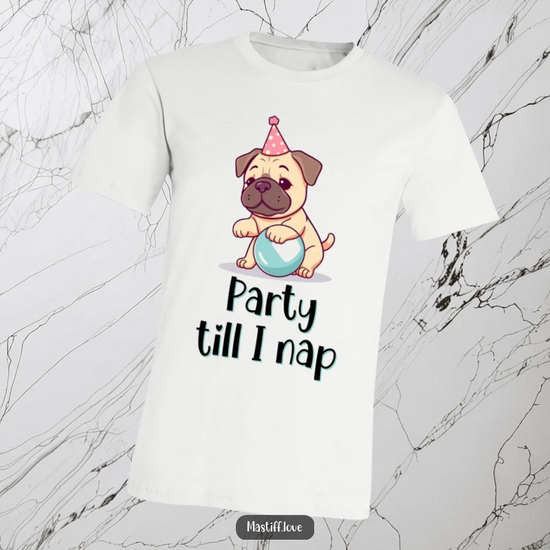 Funny kawaii mastiff t-shirt, a dog in a tiny party hat joyfully playing with a huge ball, full of energy.