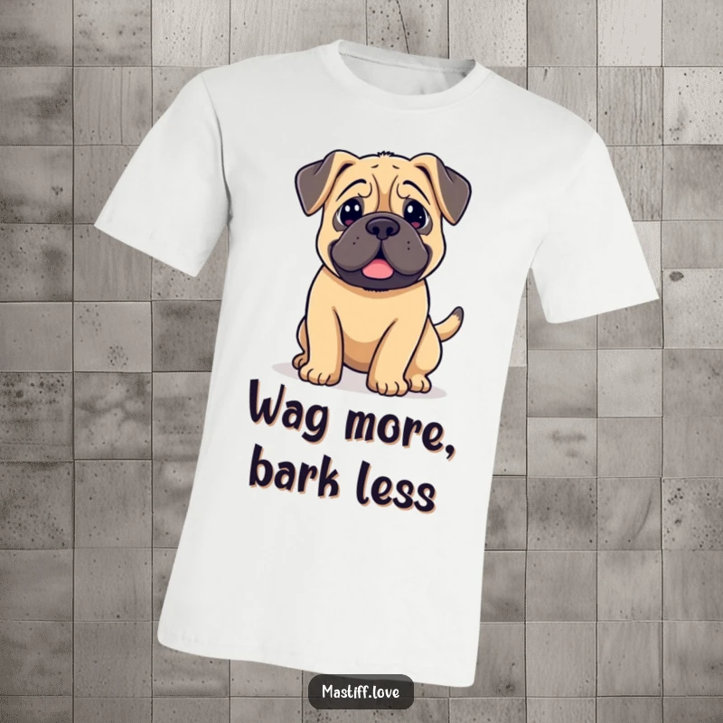 Funny kawaii mastiff t-shirt, a dog with droopy ears, its tail wagging so hard it's a blur, radiating excitement.