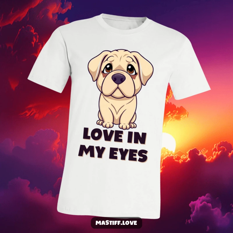 Funny mastiff t-shirt featuring a gentle dog with droopy eyes gazing upwards with adoration, symbolizing unwavering loyalty and love.