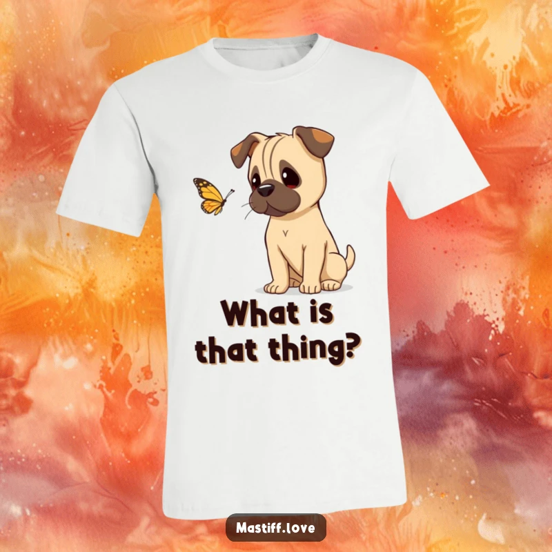 Funny mastiff tilting its head inquisitively, eyes following a fluttering butterfly, featured on a t-shirt.