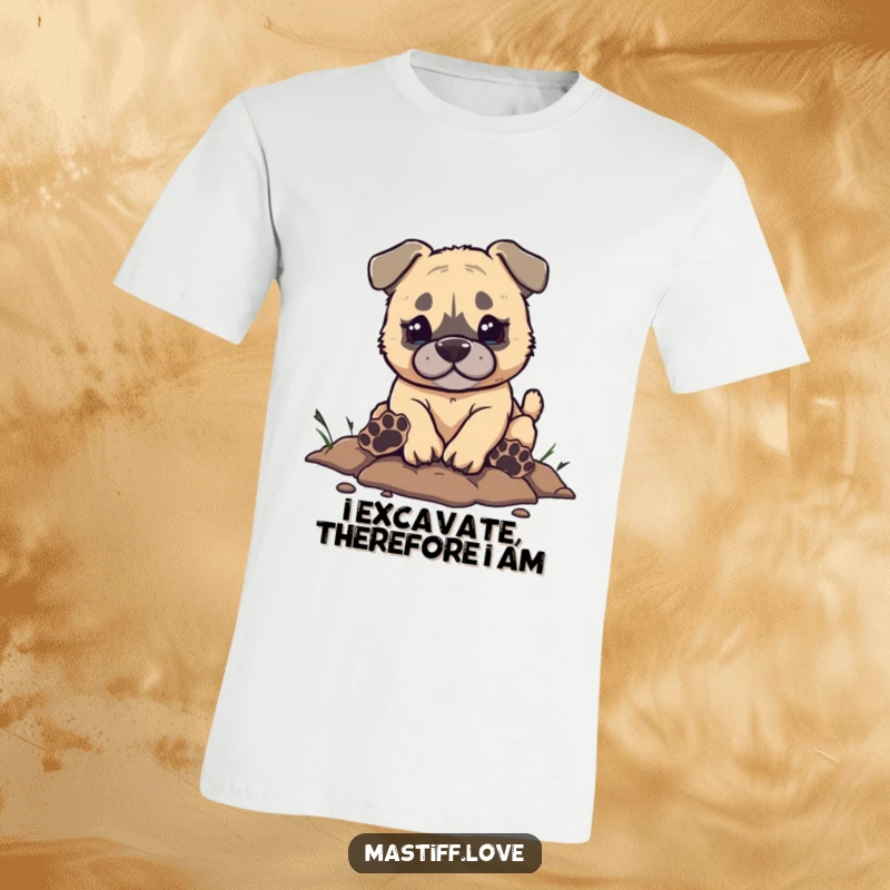 Funny Mastiff T-Shirt showing a cute puppy digging with comically large paw prints, radiating playful energy and humorous intent.