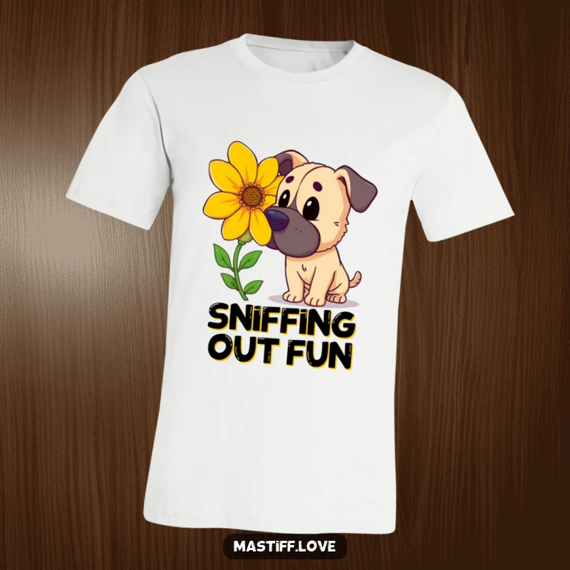 Funny curious mastiff, intently sniffing a large, brightly colored flower, cartoon nature theme, ideal funny t-shirt gift.