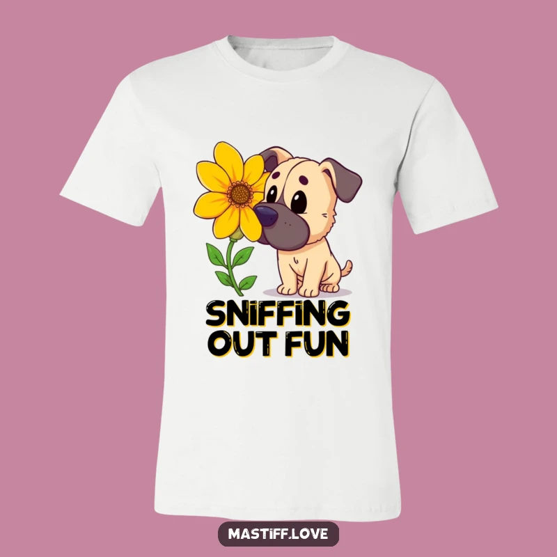 Funny Mastiff Flower Sniff T-Shirt: Cute Cartoon Pup Tee for Nature Lovers