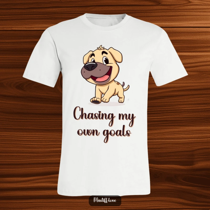 Funny mastiff with a wide, goofy grin, in a comical chase after its own stubby tail, featured on a t-shirt.