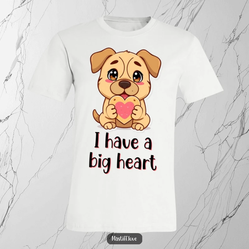 Funny Mastiff T-Shirt: A delighted dog with soulful eyes presents a heart-shaped cookie, radiating pure love and happiness.