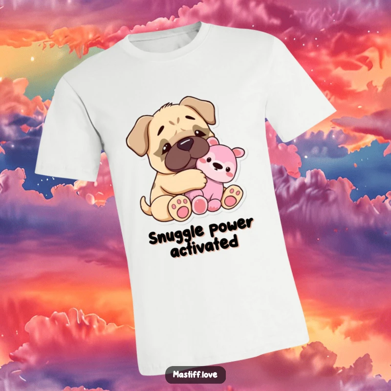 Funny T-Shirt: A tiny mastiff happily hugs a plush toy, embodying ultimate comfort and cuteness. A heartwarming gift for dog lovers.