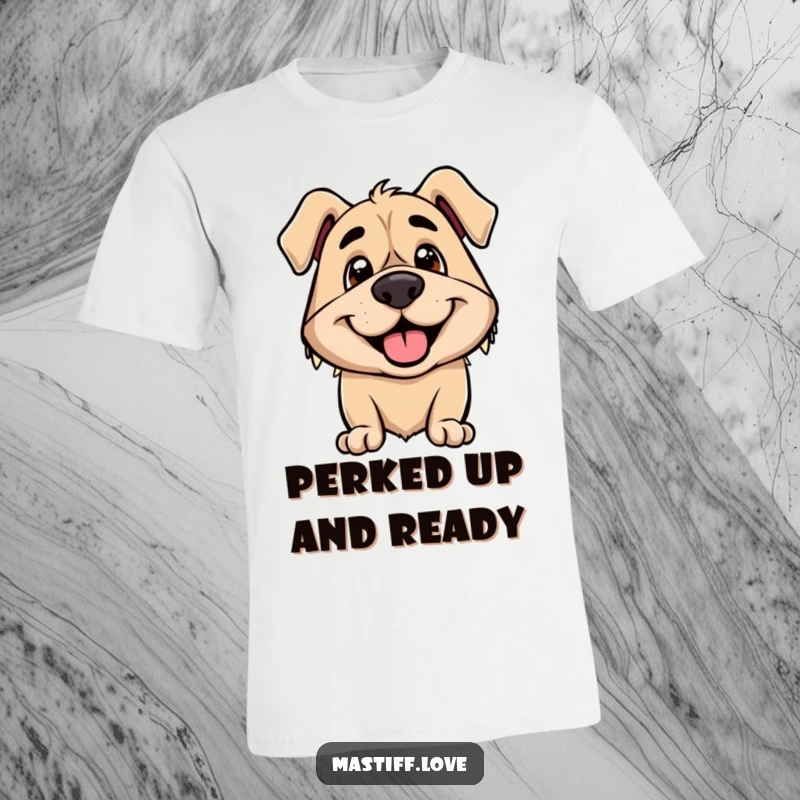 Funny t-shirt depicting a smiling mastiff whose droopy ears are perked up, showing maximum excitement and happiness.
