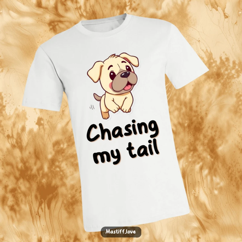 Funny t-shirt depicting a kawaii mastiff with long, droopy ears in the midst of an energetic, silly chase.