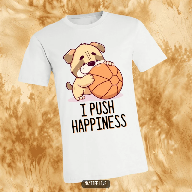 Funny mastiff t-shirt with a cute character playfully nudging a large ball, showcasing a dog's happy energy.