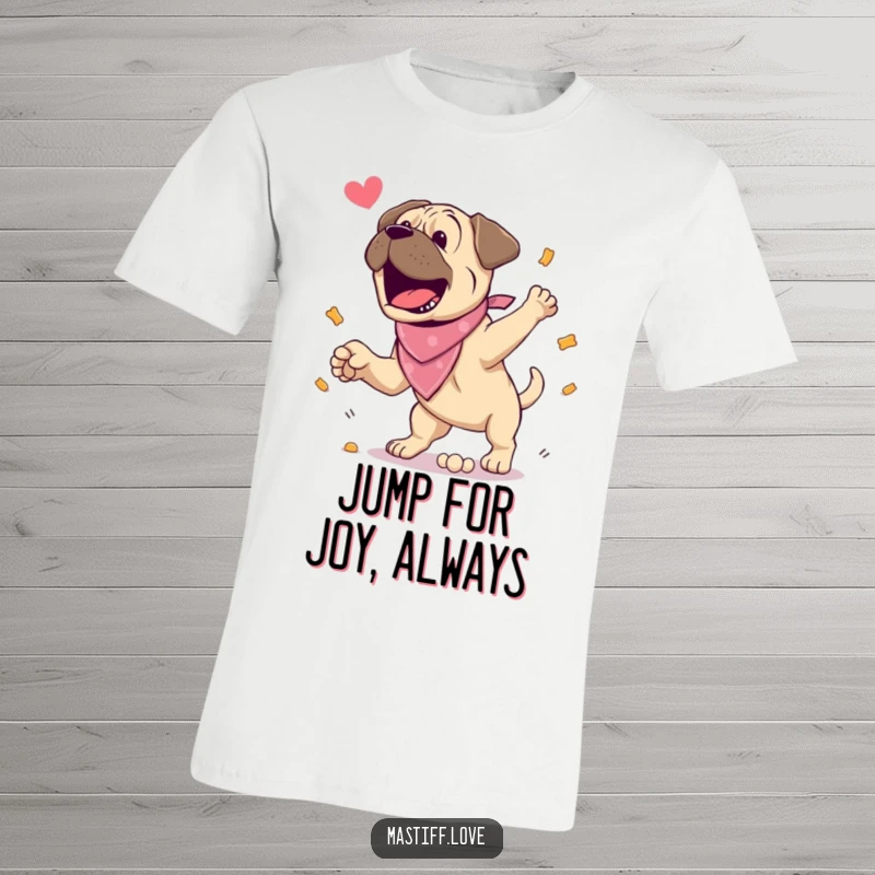 Funny T-Shirt: An excited mastiff in a bandana leaps for a treat, embodying pure canine happiness. A humorous gift for dog enthusiasts.