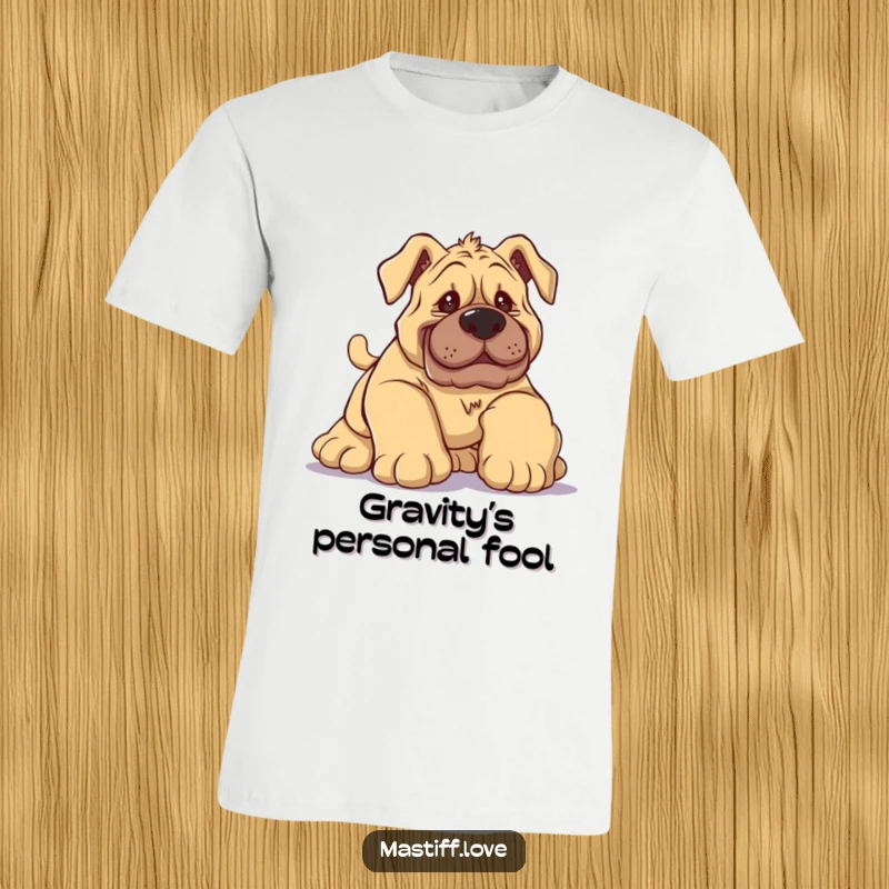 Funny Mastiff T-Shirt featuring a silly dog tripping adorably over its own giant paws with a comical look.