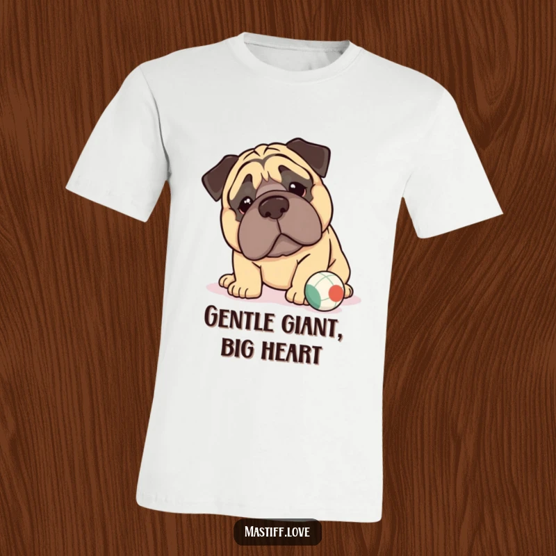 Funny kawaii mastiff t-shirt featuring a sweet-faced mastiff with massive jowls gently nudging a tiny ball, emphasizing cuteness.