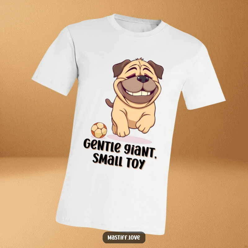 Funny Mastiff t-shirt showing a huge dog with a dopey grin, playfully chasing a comically small ball, embodying pure doggy joy.