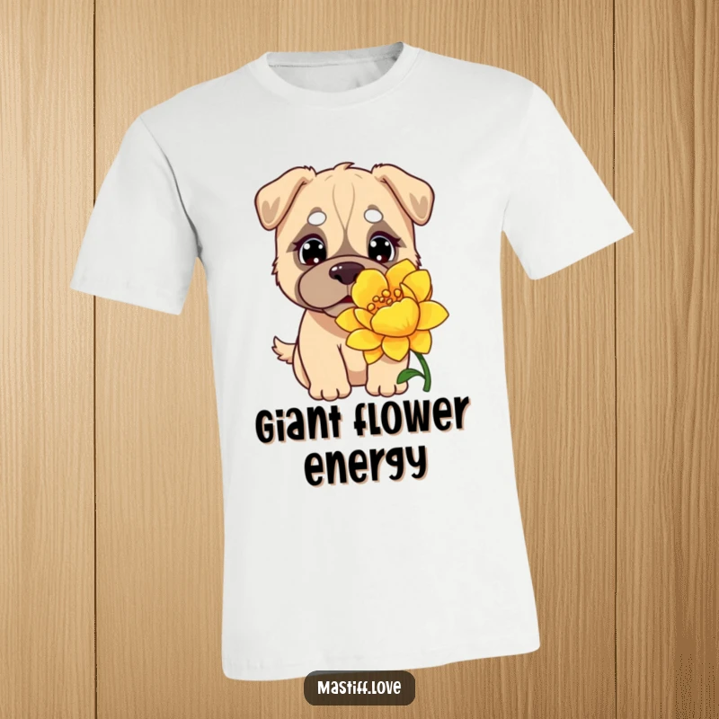 Funny Kawaii Mastiff T-Shirt: An endearingly curious mastiff exploring the scent of a comically large, colorful flower.