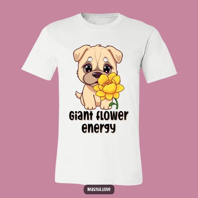 Funny Kawaii Mastiff T-Shirt: Curious Dog Sniffing Giant Flower, Great Humorous Gift