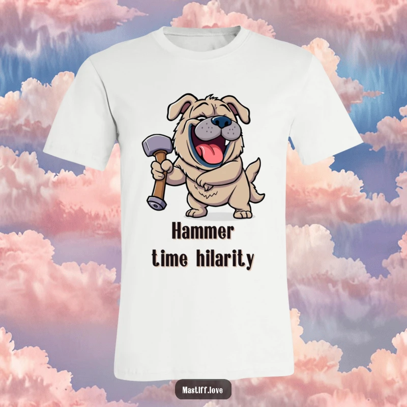 Funny Jovial Mastiff T-Shirt featuring a happy dog roaring with laughter while holding a giant squeaky hammer with a gleeful grin.