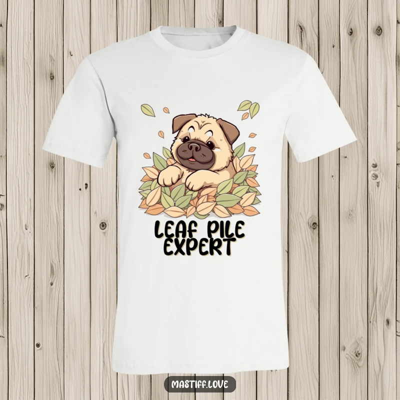 Happy Kawaii Mastiff T-Shirt depicts a cute dog joyfully rolling in a pile of soft leaves, perfect for fall.