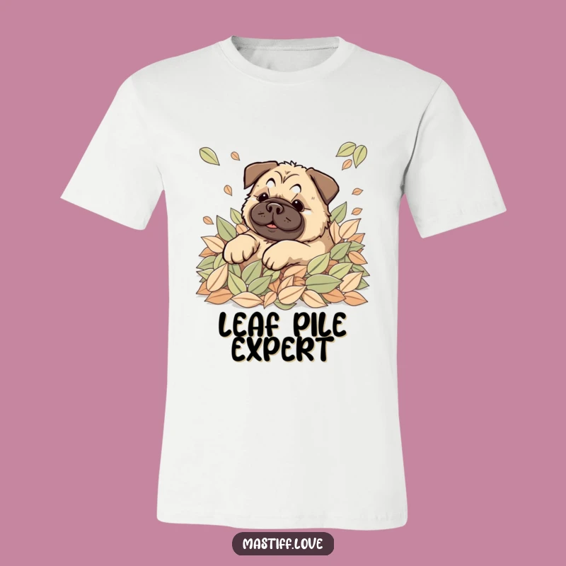 Happy Kawaii Mastiff Leaves Tee: Rolling Dog Fun, Cozy Autumn Gift