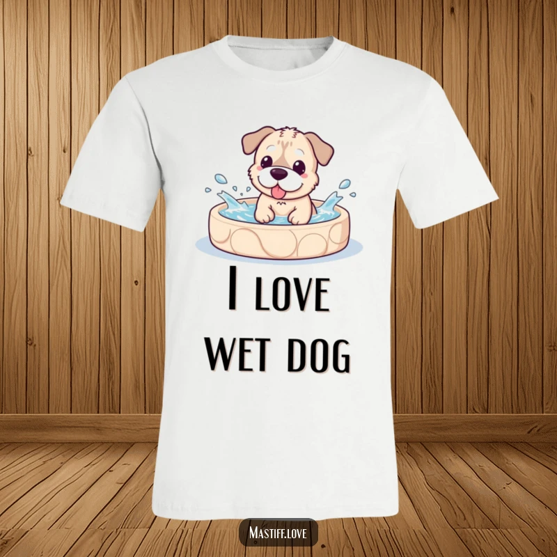 Funny T-Shirt with a kawaii mastiff dog joyfully splashing water in a kiddie pool, embodying pure canine bliss.