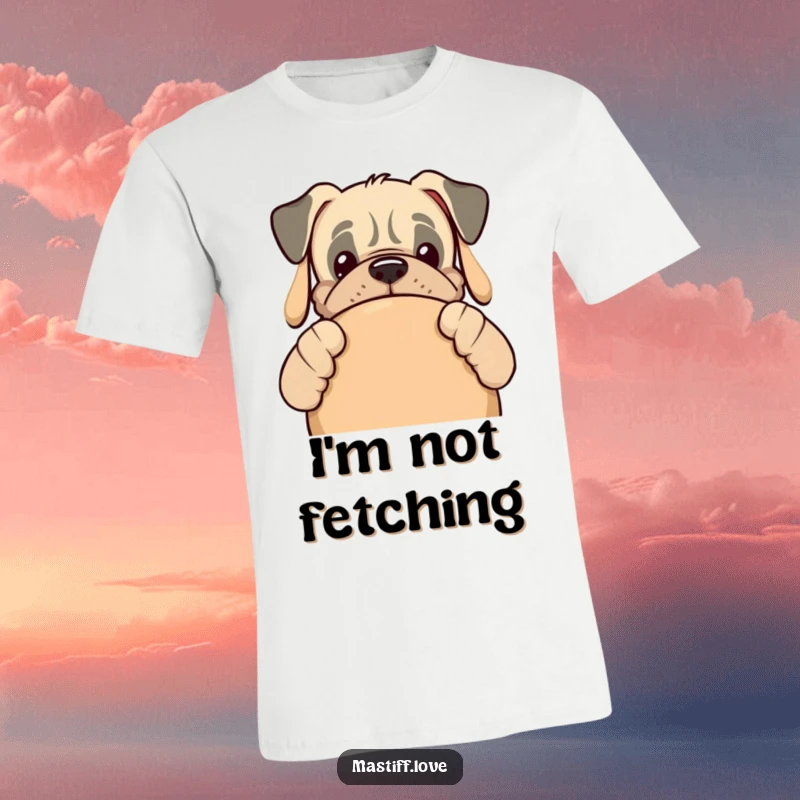 Funny kawaii mastiff dog peeking out from behind an enormous dog toy on a comfortable t-shirt, radiating playful charm.
