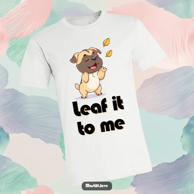 Funny playful mastiff, intently trying to catch a falling leaf, cartoon fall theme, ideal funny t-shirt gift.