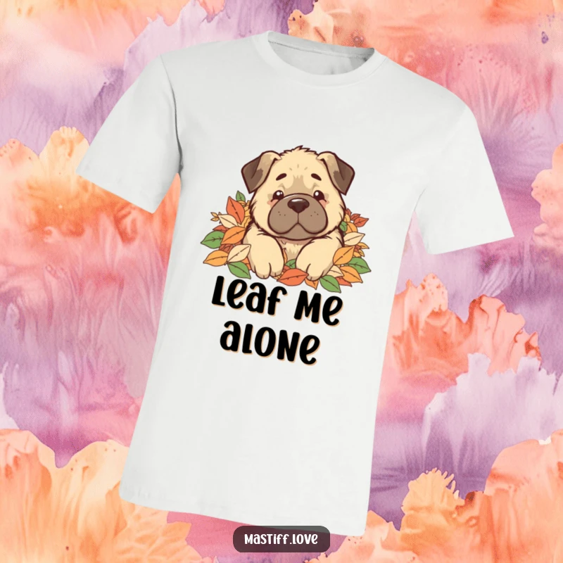 Funny T-Shirt featuring a kawaii mastiff dog hilariously buried in a mountain of autumn leaves, only its eyes and nose visible.