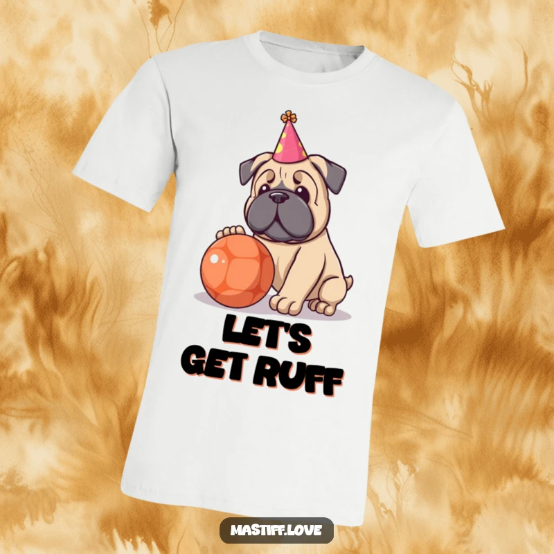 Funny t-shirt showcasing a kawaii Mastiff wearing a small party hat, engaged in playful interaction with a large ball.