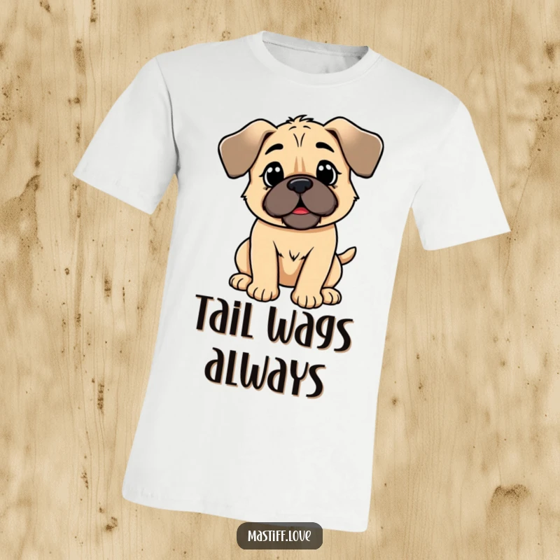 Funny kawaii mastiff t-shirt, a cute dog with floppy ears joyfully wagging its tail, embodying pure happiness.