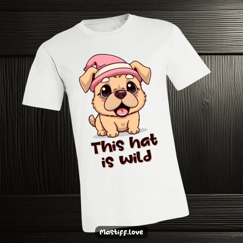 Funny T-Shirt with a kawaii mastiff dog wearing a ridiculous hat and looking hilariously surprised, perfect for casual wear.