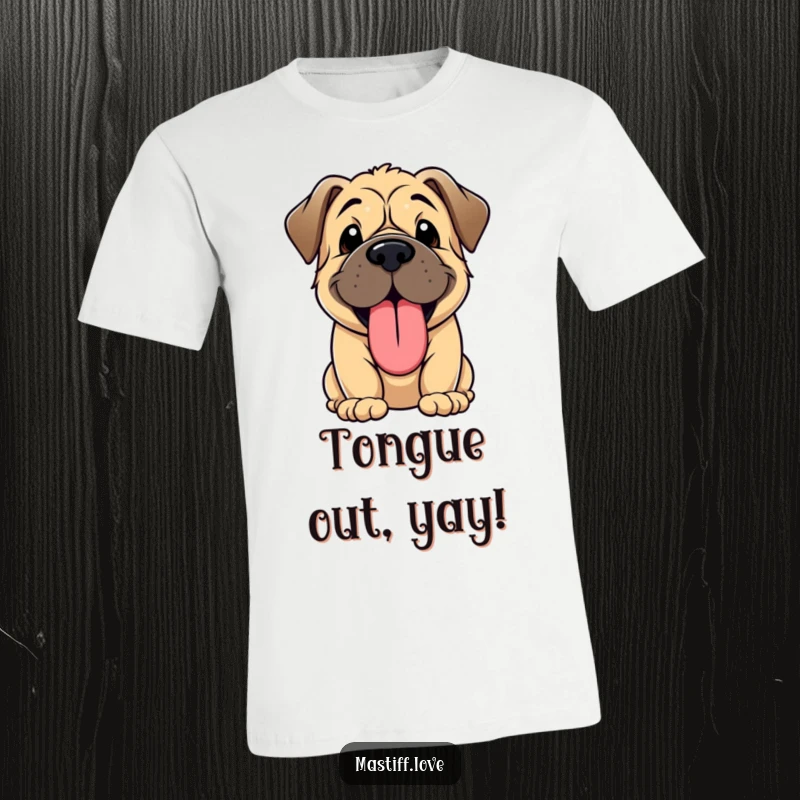 Funny t-shirt showcasing a super cute kawaii Mastiff puppy panting enthusiastically, its large tongue lolling out.