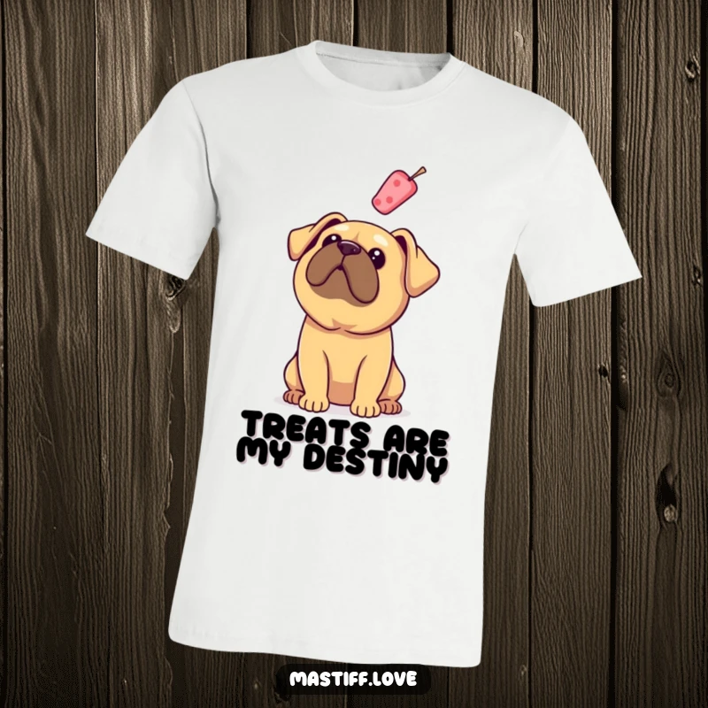 Funny Mastiff T-Shirt: A dog with floppy ears looks up at a floating treat, showcasing adorable desire and focus.