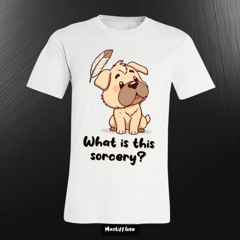 Funny T-Shirt: A curious mastiff tilts its head, observing a floating feather with gentle intrigue. A humorous gift for contemplative spirits.