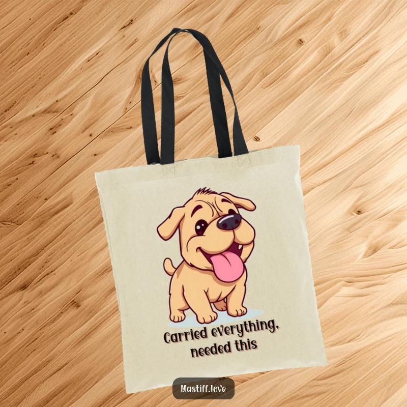 Funny Mastiff tote bag with a happy dog panting its tongue out after a run, perfect for dog lovers on the go.