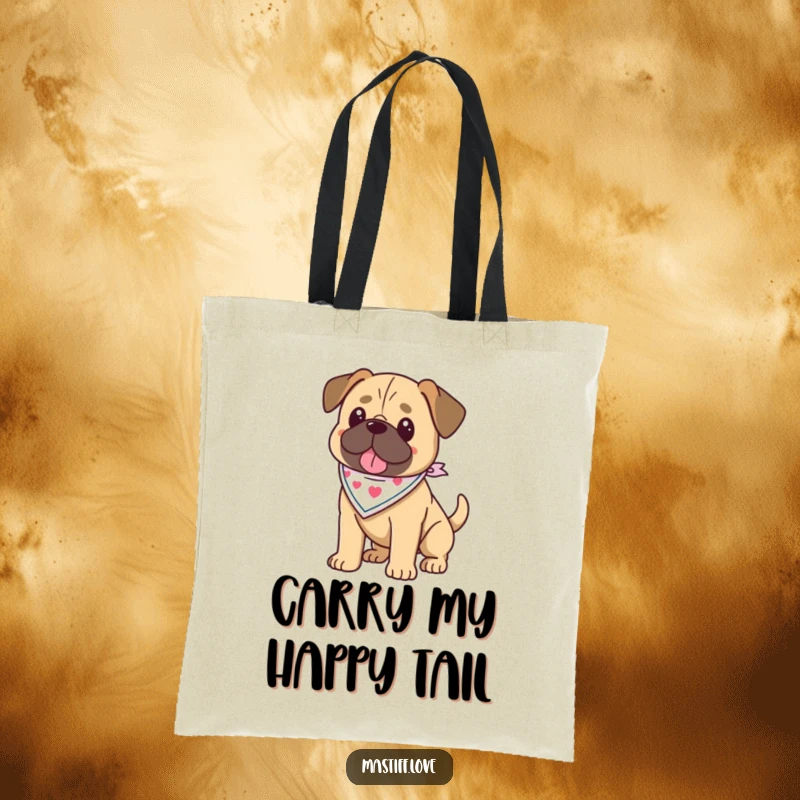 Funny kawaii mastiff tote bag featuring a mastiff in a bandana, wagging its tail, perfect for everyday use with a cute design.