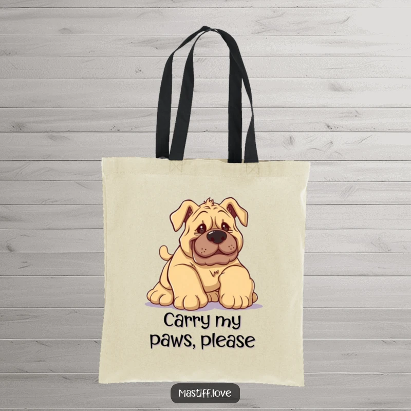Funny Mastiff Tote Bag depicting a silly dog hilariously tripping over its own massive paws with a comical expression.