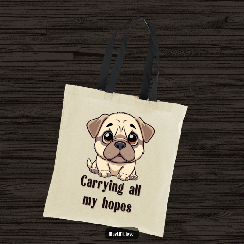 Funny kawaii mastiff tote bag with wide, innocent eyes looking up with anticipation, great for everyday use with a cute design.