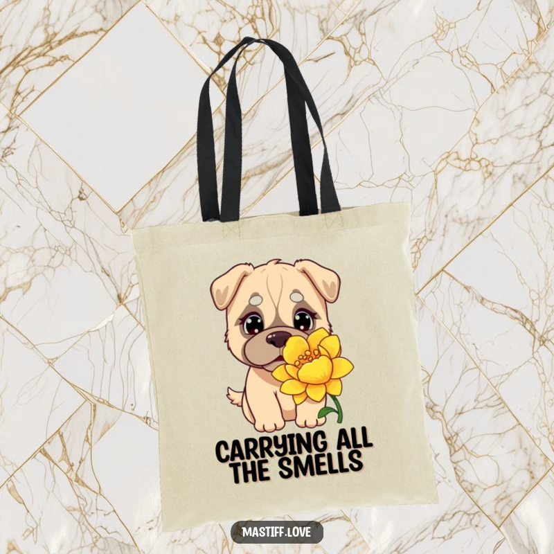 Funny Kawaii Mastiff Tote Bag: A charming mastiff with curious eyes discovering the giant bloom of an oversized flower.