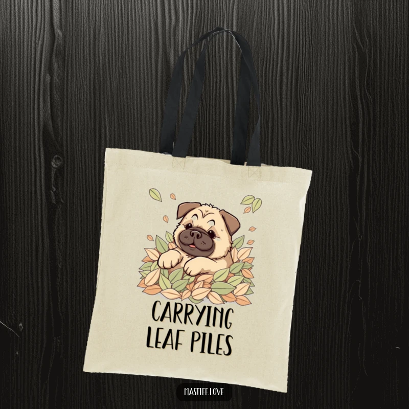 Happy Kawaii Mastiff Tote Bag with a cute dog joyfully rolling in leaves, perfect for autumn shopping.