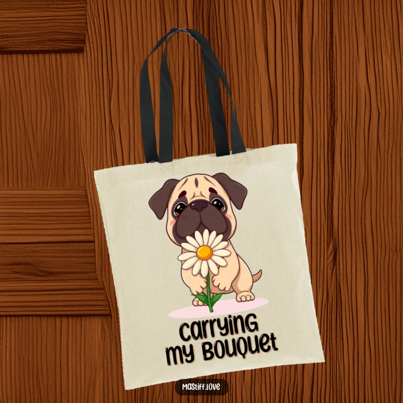 Funny Mastiff Tote Bag: A dog attempts to balance a large daisy with a focused expression, perfect for carrying items with whimsy.