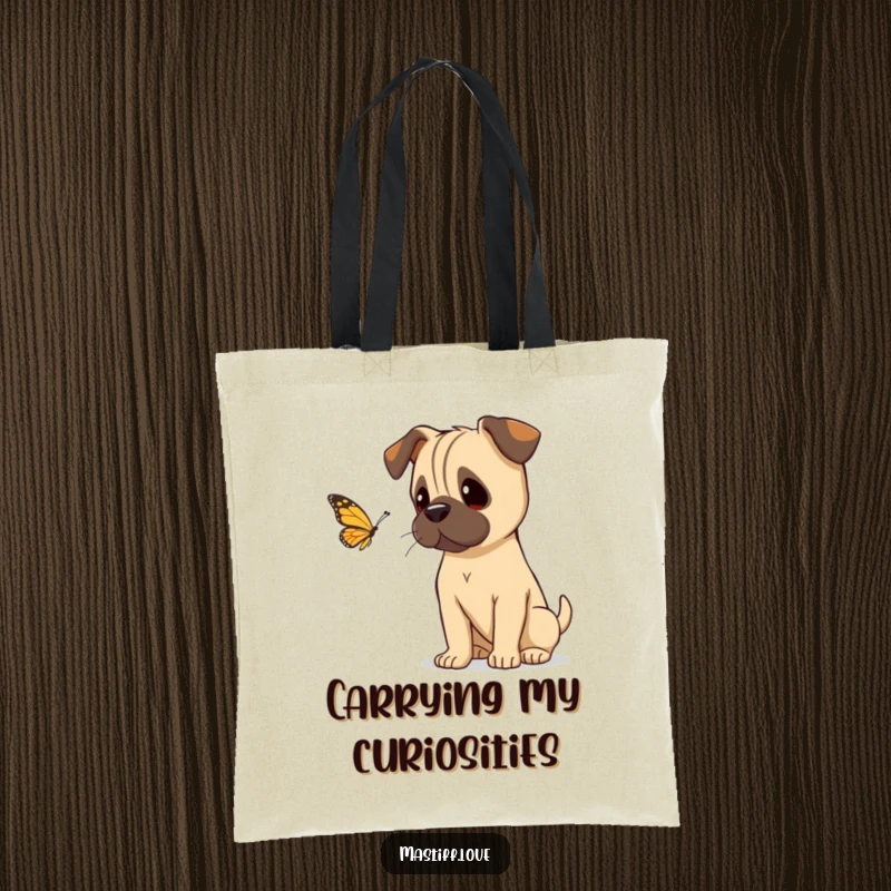 Funny mastiff tilting its head curiously, watching a butterfly, on a durable tote bag, perfect for thoughtful individuals.
