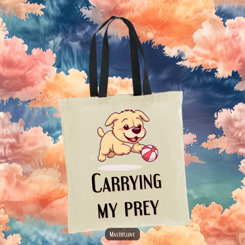 Funny mastiff tote bag featuring a playful dog chasing a ridiculously small bouncy ball, ideal for carrying items with a humorous theme.